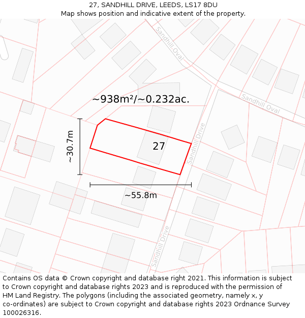 27, SANDHILL DRIVE, LEEDS, LS17 8DU: Plot and title map