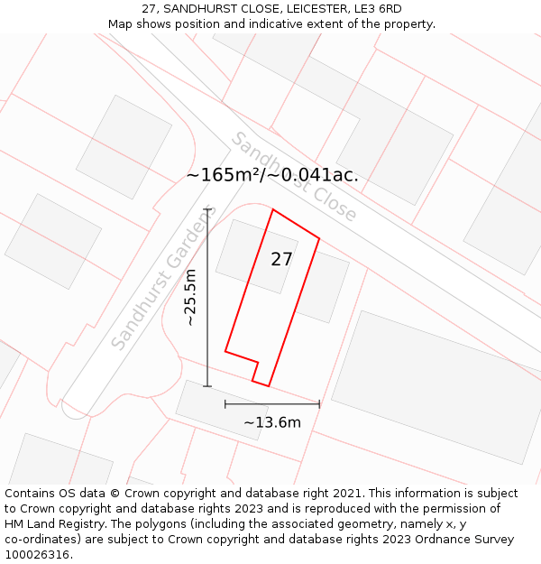 27, SANDHURST CLOSE, LEICESTER, LE3 6RD: Plot and title map