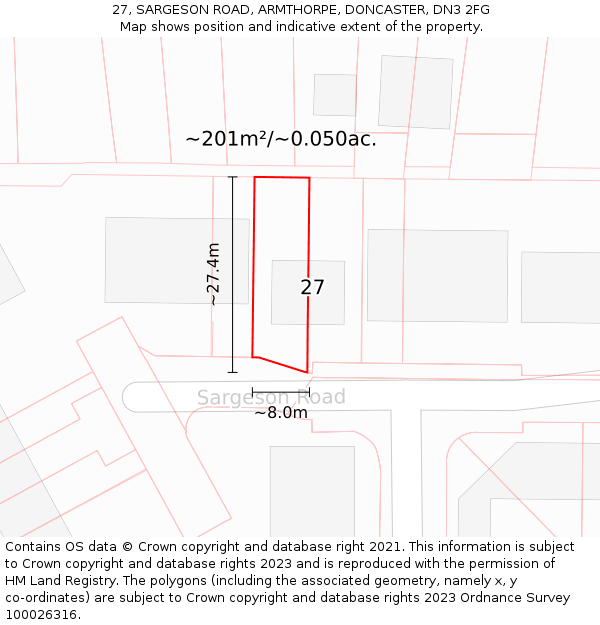 27, SARGESON ROAD, ARMTHORPE, DONCASTER, DN3 2FG: Plot and title map