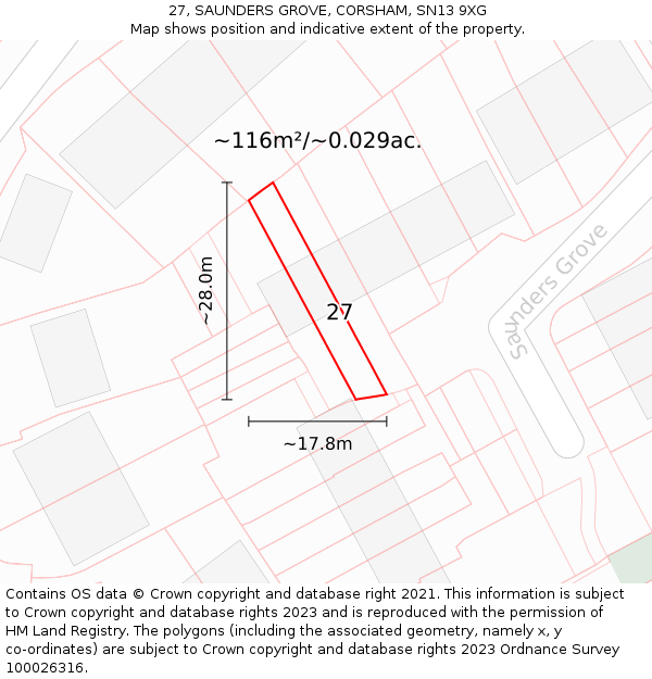 27, SAUNDERS GROVE, CORSHAM, SN13 9XG: Plot and title map
