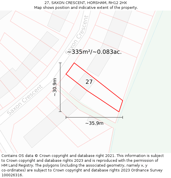 27, SAXON CRESCENT, HORSHAM, RH12 2HX: Plot and title map