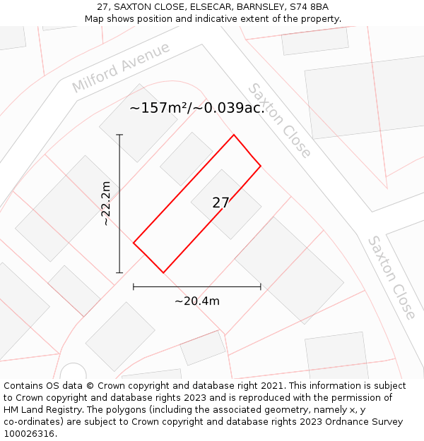 27, SAXTON CLOSE, ELSECAR, BARNSLEY, S74 8BA: Plot and title map