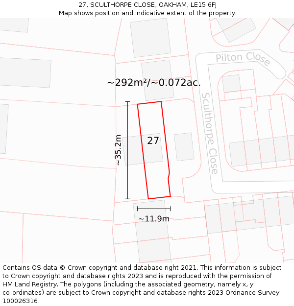 27, SCULTHORPE CLOSE, OAKHAM, LE15 6FJ: Plot and title map