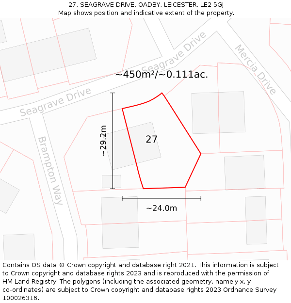 27, SEAGRAVE DRIVE, OADBY, LEICESTER, LE2 5GJ: Plot and title map
