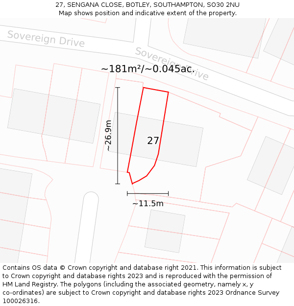 27, SENGANA CLOSE, BOTLEY, SOUTHAMPTON, SO30 2NU: Plot and title map