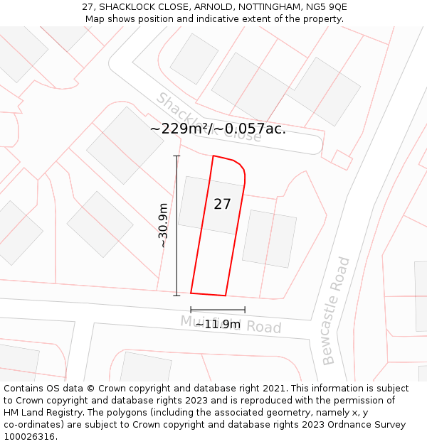 27, SHACKLOCK CLOSE, ARNOLD, NOTTINGHAM, NG5 9QE: Plot and title map