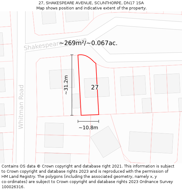 27, SHAKESPEARE AVENUE, SCUNTHORPE, DN17 1SA: Plot and title map