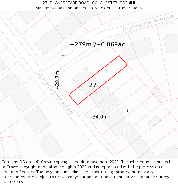 27, SHAKESPEARE ROAD, COLCHESTER, CO3 4HL: Plot and title map