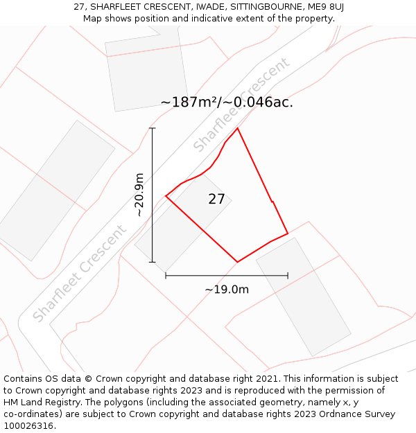 27, SHARFLEET CRESCENT, IWADE, SITTINGBOURNE, ME9 8UJ: Plot and title map