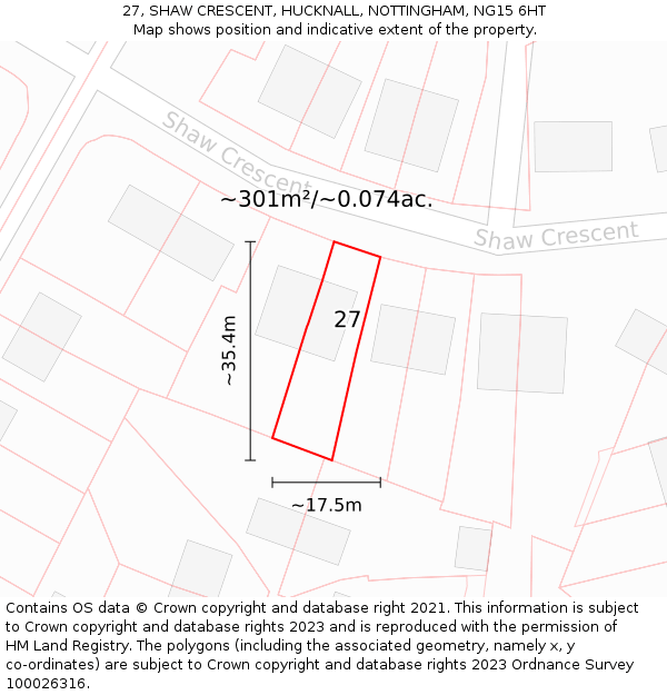 27, SHAW CRESCENT, HUCKNALL, NOTTINGHAM, NG15 6HT: Plot and title map