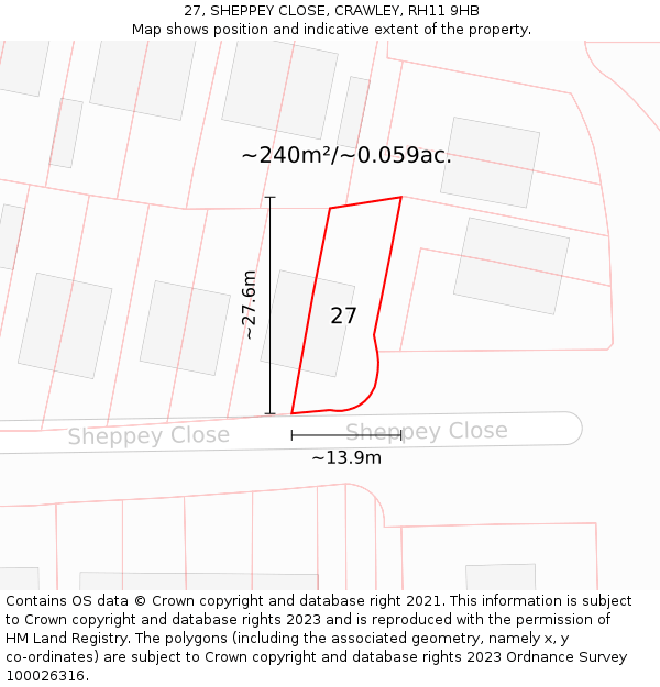 27, SHEPPEY CLOSE, CRAWLEY, RH11 9HB: Plot and title map