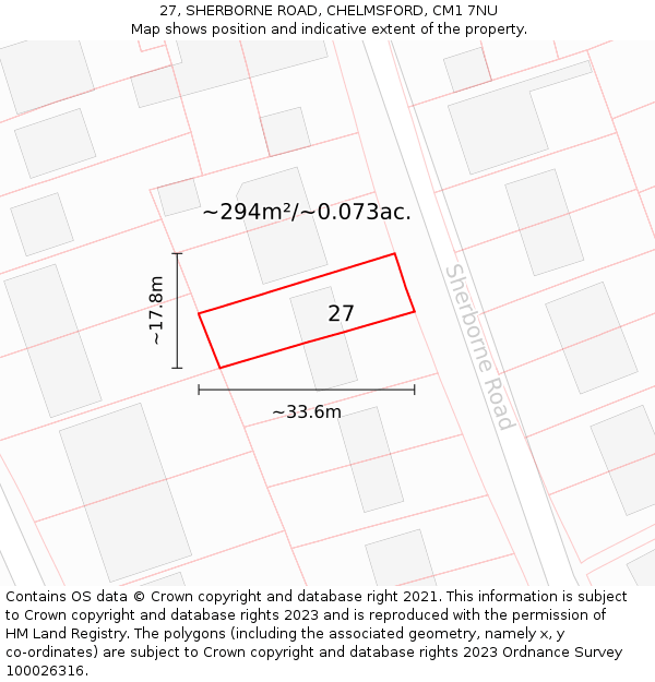 27, SHERBORNE ROAD, CHELMSFORD, CM1 7NU: Plot and title map