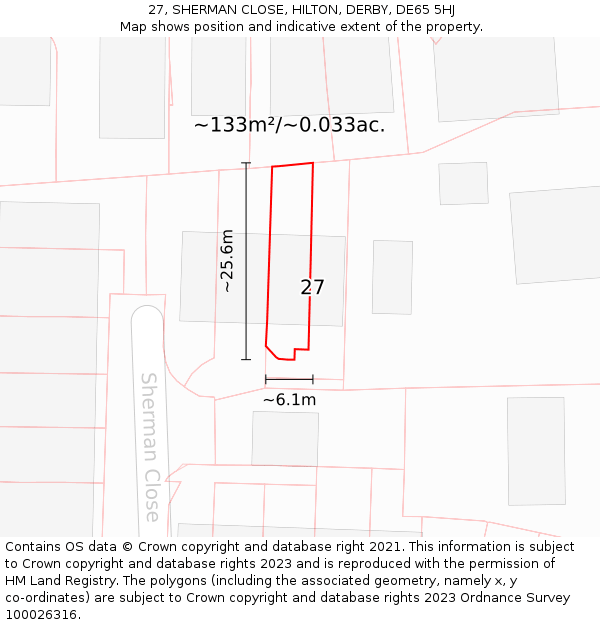 27, SHERMAN CLOSE, HILTON, DERBY, DE65 5HJ: Plot and title map