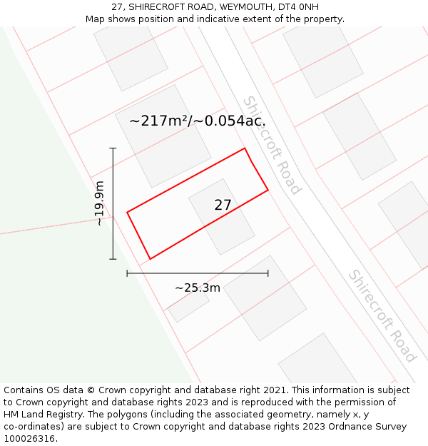 27, SHIRECROFT ROAD, WEYMOUTH, DT4 0NH: Plot and title map