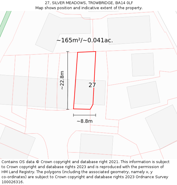 27, SILVER MEADOWS, TROWBRIDGE, BA14 0LF: Plot and title map