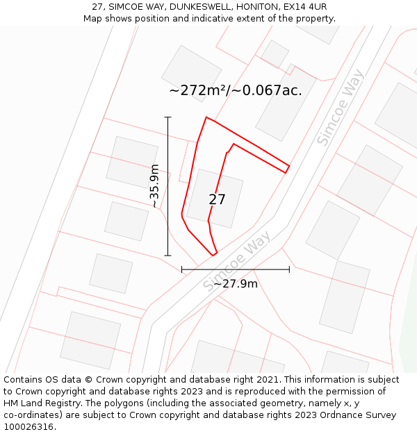 27, SIMCOE WAY, DUNKESWELL, HONITON, EX14 4UR: Plot and title map