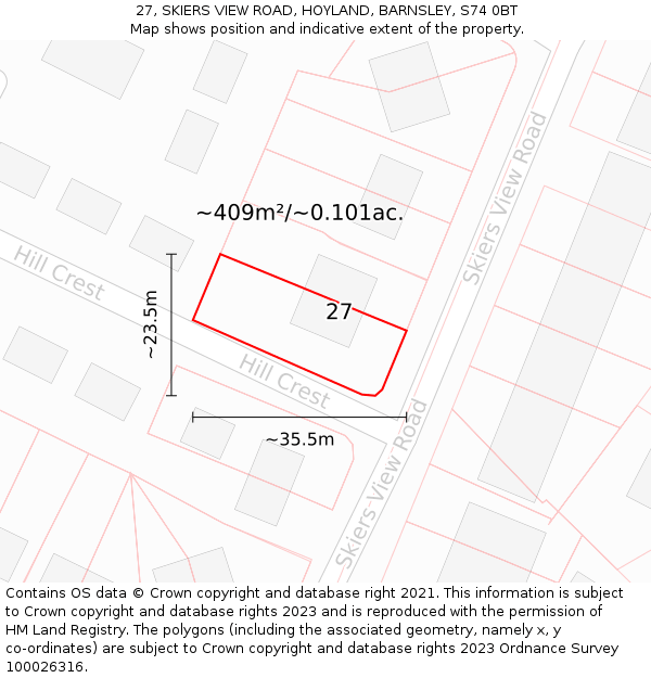 27, SKIERS VIEW ROAD, HOYLAND, BARNSLEY, S74 0BT: Plot and title map