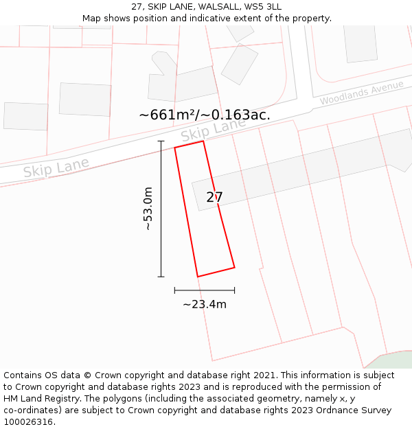 27, SKIP LANE, WALSALL, WS5 3LL: Plot and title map