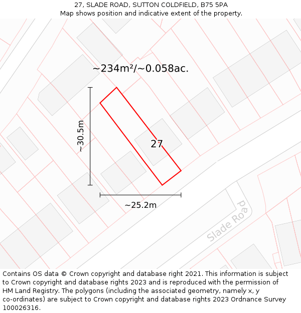 27, SLADE ROAD, SUTTON COLDFIELD, B75 5PA: Plot and title map