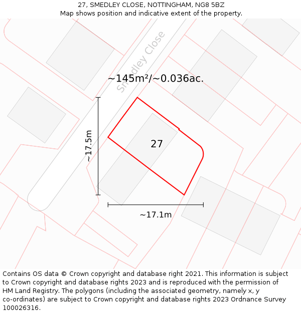 27, SMEDLEY CLOSE, NOTTINGHAM, NG8 5BZ: Plot and title map