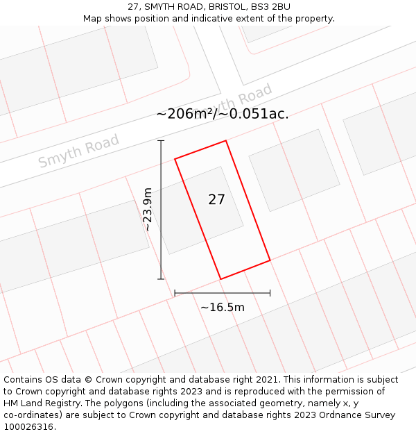 27, SMYTH ROAD, BRISTOL, BS3 2BU: Plot and title map