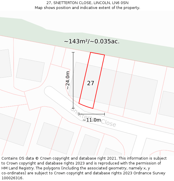 27, SNETTERTON CLOSE, LINCOLN, LN6 0SN: Plot and title map