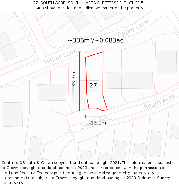27, SOUTH ACRE, SOUTH HARTING, PETERSFIELD, GU31 5LJ: Plot and title map