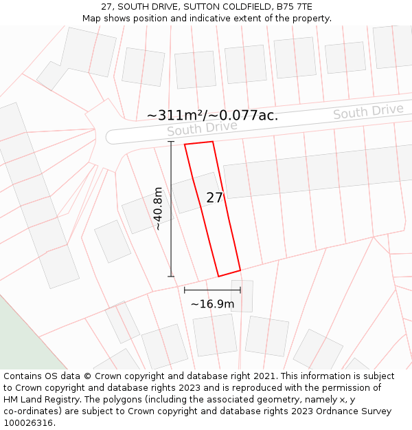 27, SOUTH DRIVE, SUTTON COLDFIELD, B75 7TE: Plot and title map