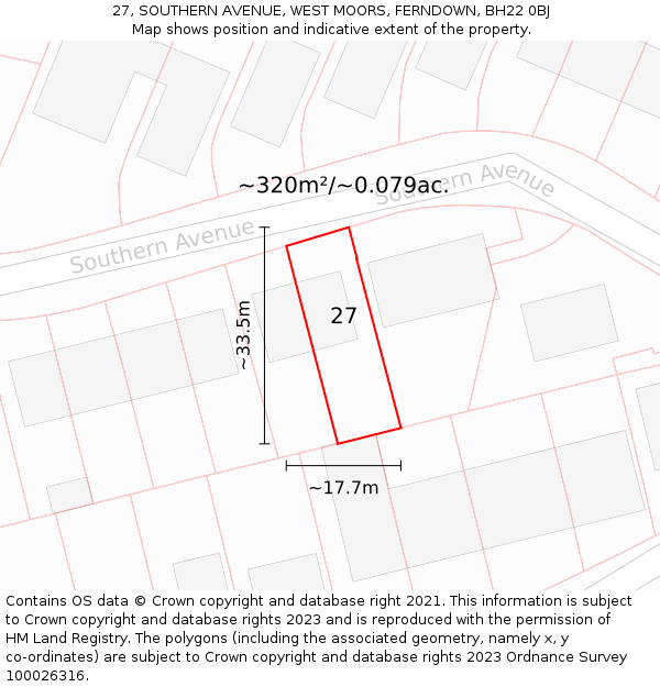 27, SOUTHERN AVENUE, WEST MOORS, FERNDOWN, BH22 0BJ: Plot and title map