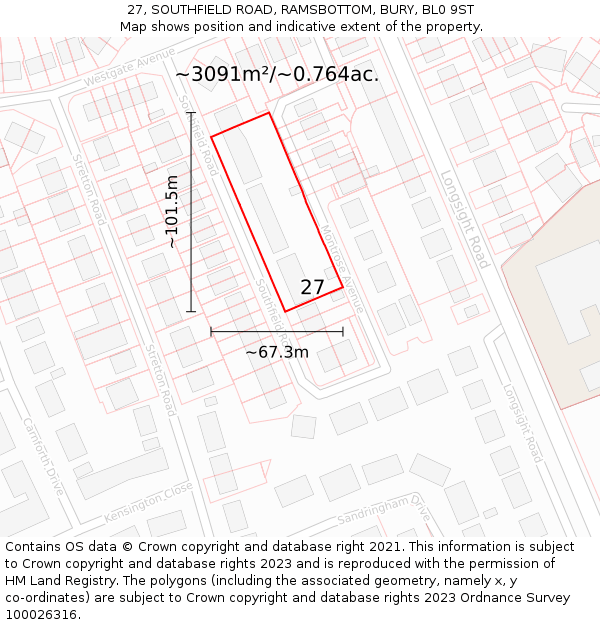 27, SOUTHFIELD ROAD, RAMSBOTTOM, BURY, BL0 9ST: Plot and title map