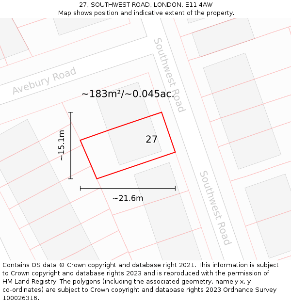 27, SOUTHWEST ROAD, LONDON, E11 4AW: Plot and title map