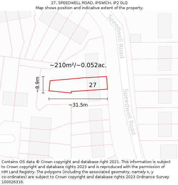 27, SPEEDWELL ROAD, IPSWICH, IP2 0LQ: Plot and title map