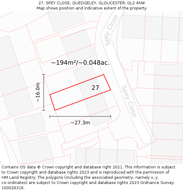 27, SPEY CLOSE, QUEDGELEY, GLOUCESTER, GL2 4NW: Plot and title map