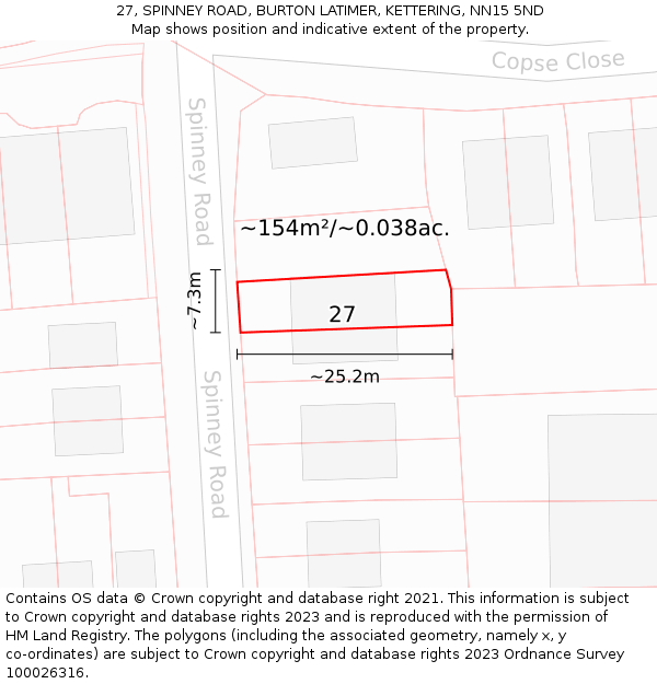 27, SPINNEY ROAD, BURTON LATIMER, KETTERING, NN15 5ND: Plot and title map