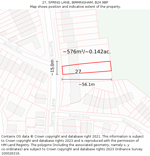27, SPRING LANE, BIRMINGHAM, B24 9BP: Plot and title map