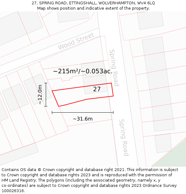 27, SPRING ROAD, ETTINGSHALL, WOLVERHAMPTON, WV4 6LQ: Plot and title map