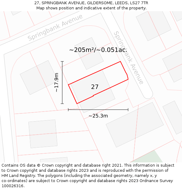27, SPRINGBANK AVENUE, GILDERSOME, LEEDS, LS27 7TR: Plot and title map