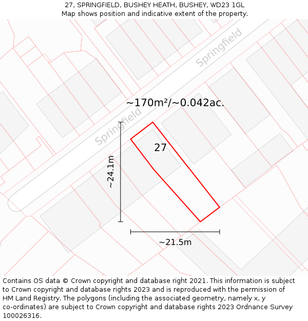 27, SPRINGFIELD, BUSHEY HEATH, BUSHEY, WD23 1GL: Plot and title map