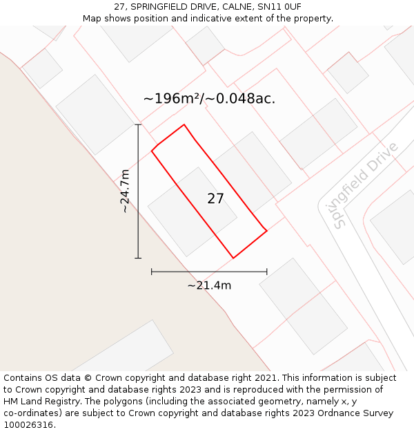 27, SPRINGFIELD DRIVE, CALNE, SN11 0UF: Plot and title map