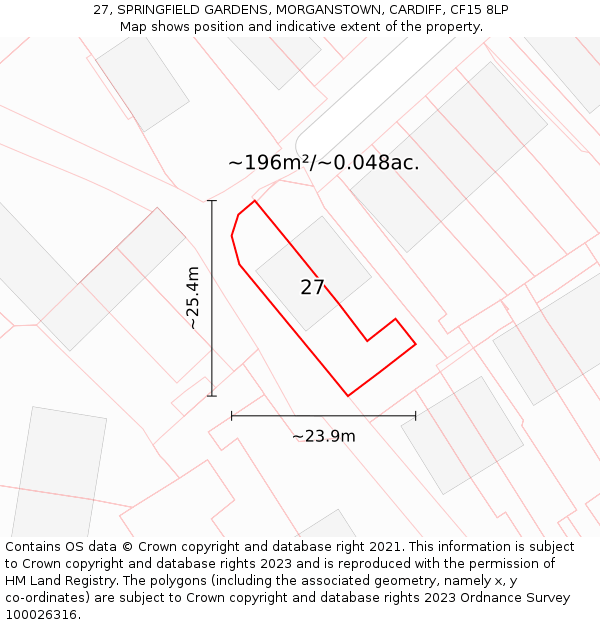 27, SPRINGFIELD GARDENS, MORGANSTOWN, CARDIFF, CF15 8LP: Plot and title map