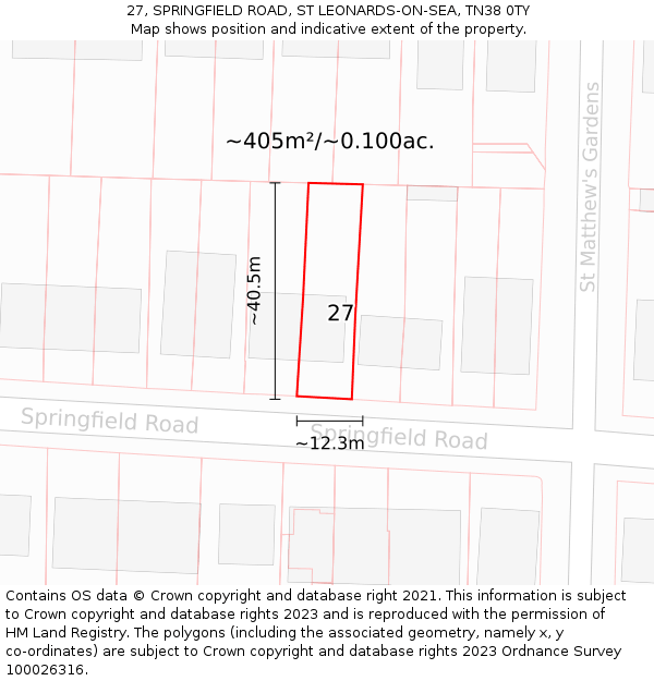 27, SPRINGFIELD ROAD, ST LEONARDS-ON-SEA, TN38 0TY: Plot and title map