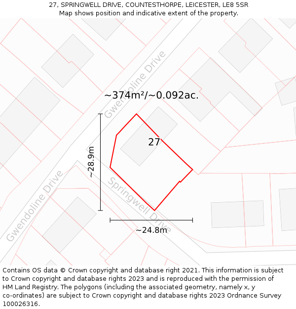 27, SPRINGWELL DRIVE, COUNTESTHORPE, LEICESTER, LE8 5SR: Plot and title map