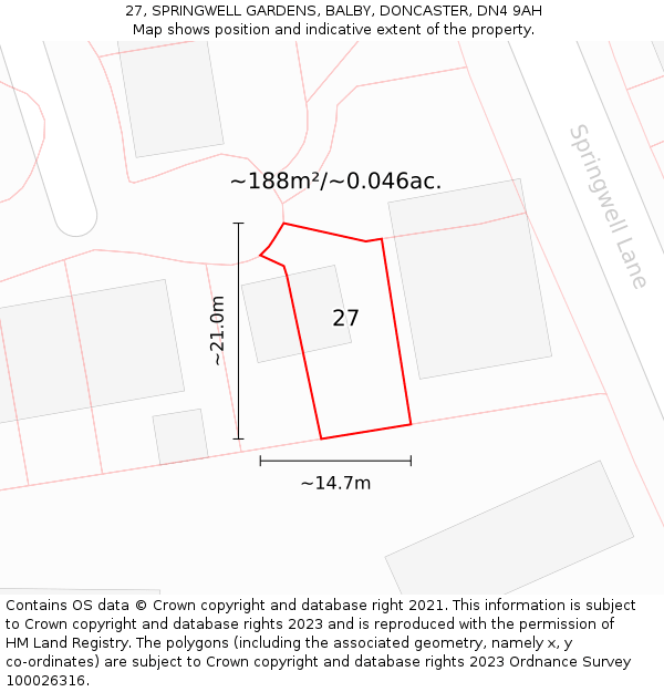27, SPRINGWELL GARDENS, BALBY, DONCASTER, DN4 9AH: Plot and title map