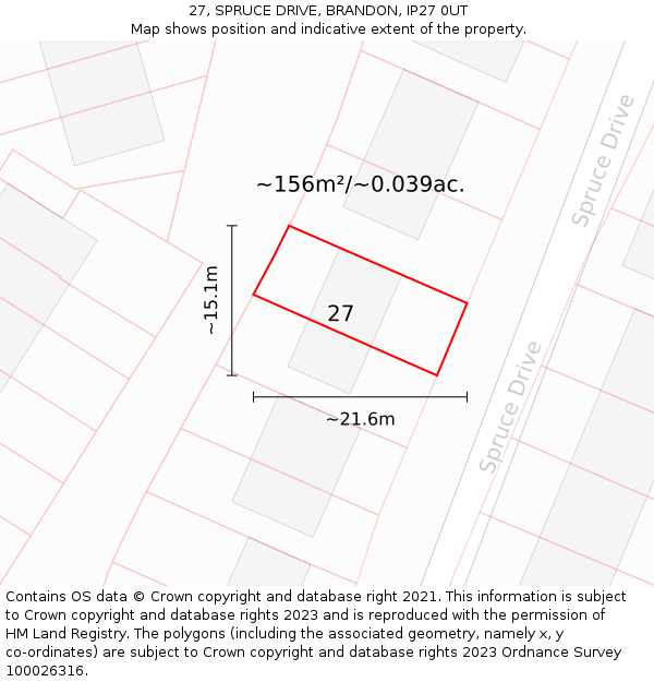27, SPRUCE DRIVE, BRANDON, IP27 0UT: Plot and title map