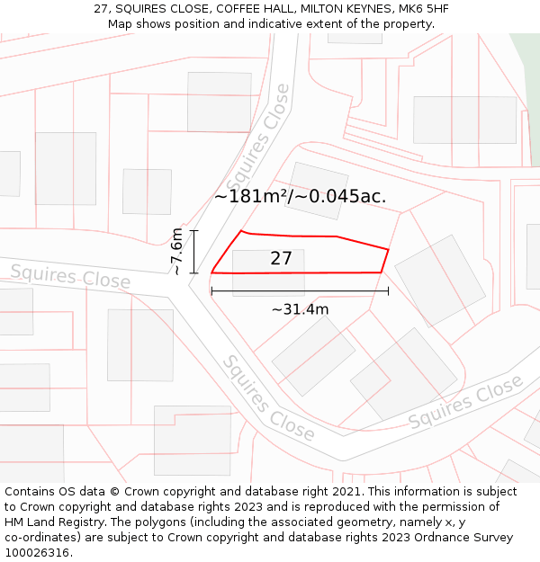 27, SQUIRES CLOSE, COFFEE HALL, MILTON KEYNES, MK6 5HF: Plot and title map