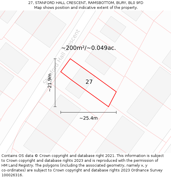 27, STANFORD HALL CRESCENT, RAMSBOTTOM, BURY, BL0 9FD: Plot and title map