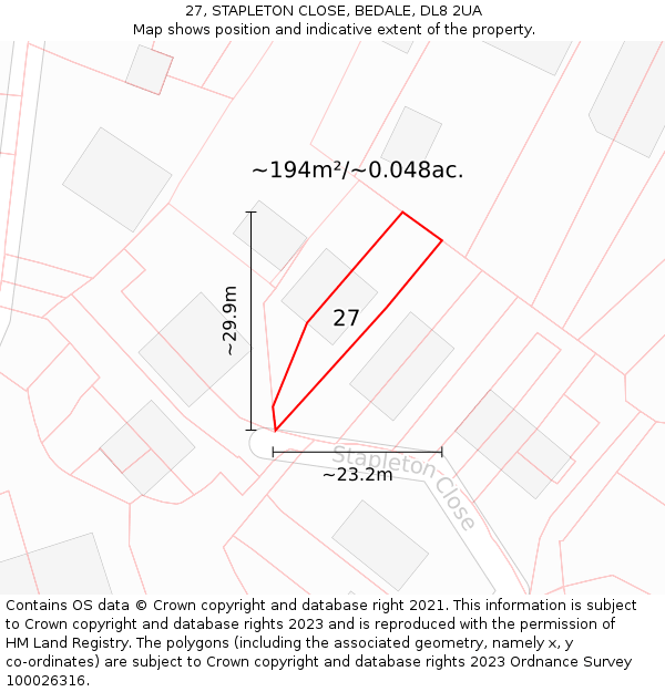 27, STAPLETON CLOSE, BEDALE, DL8 2UA: Plot and title map