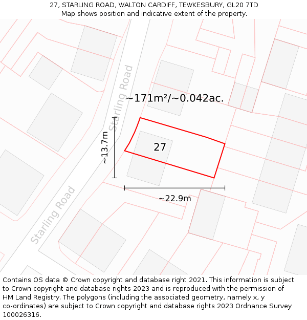 27, STARLING ROAD, WALTON CARDIFF, TEWKESBURY, GL20 7TD: Plot and title map