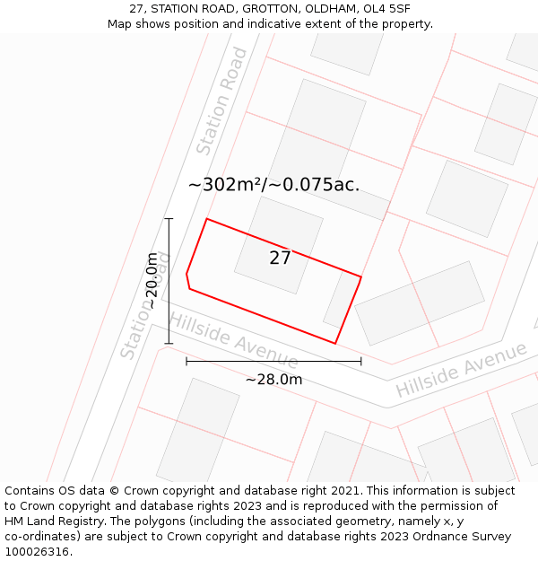 27, STATION ROAD, GROTTON, OLDHAM, OL4 5SF: Plot and title map