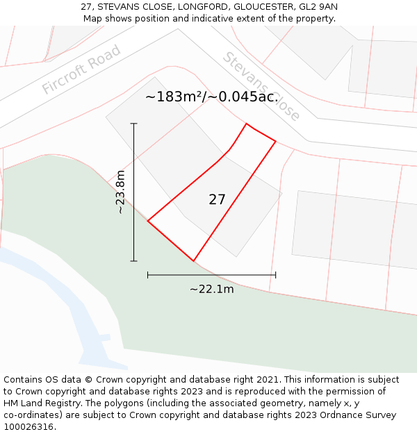27, STEVANS CLOSE, LONGFORD, GLOUCESTER, GL2 9AN: Plot and title map